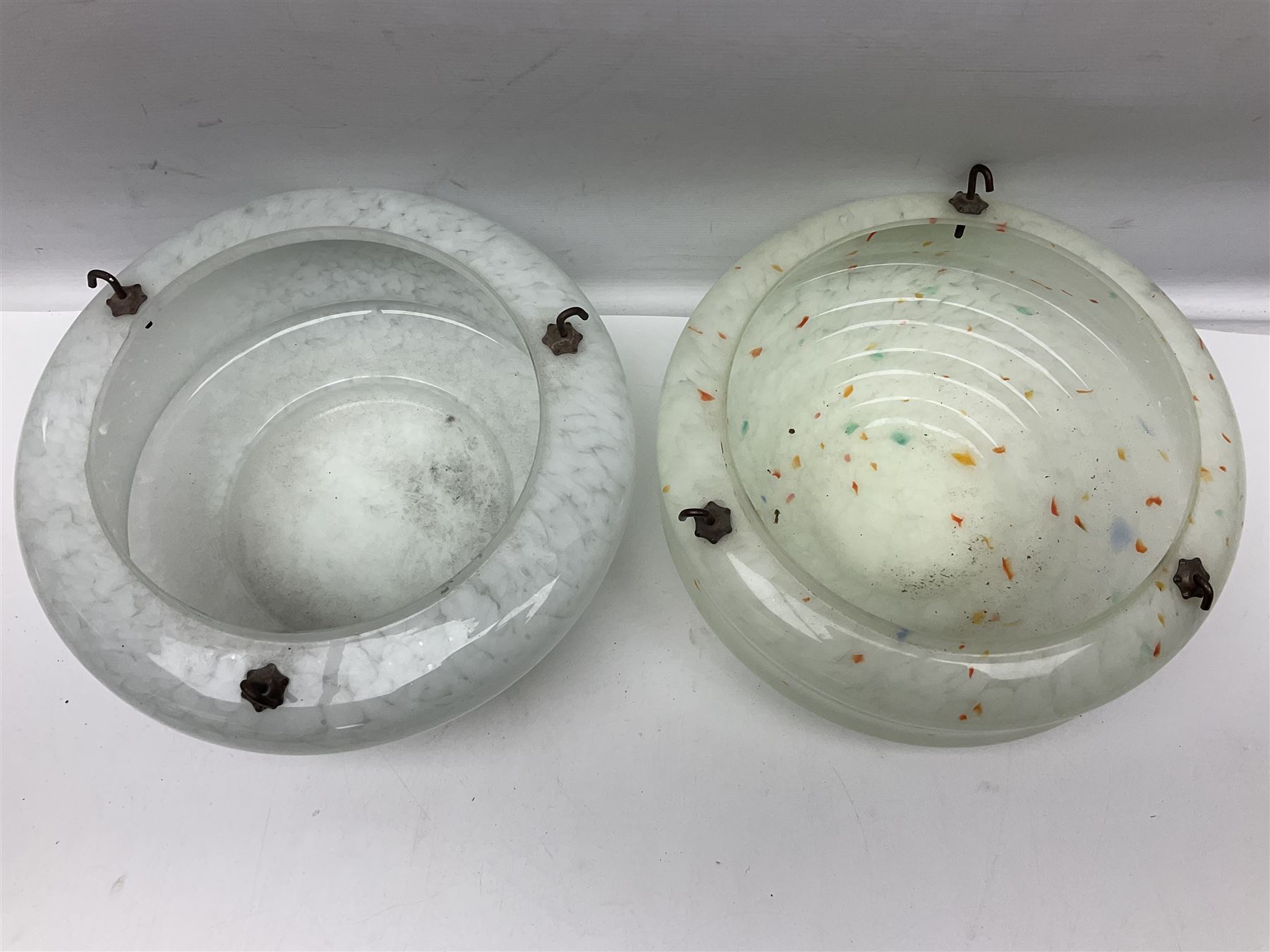 Six Art Deco glass fly catcher light shades, including marbled, mottled and frosted glass examples, largest D31cm