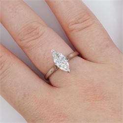 Platinum diamond ring, four claw set with a single marquise cut diamond of 1.01 carat, London 2014, with GIA report