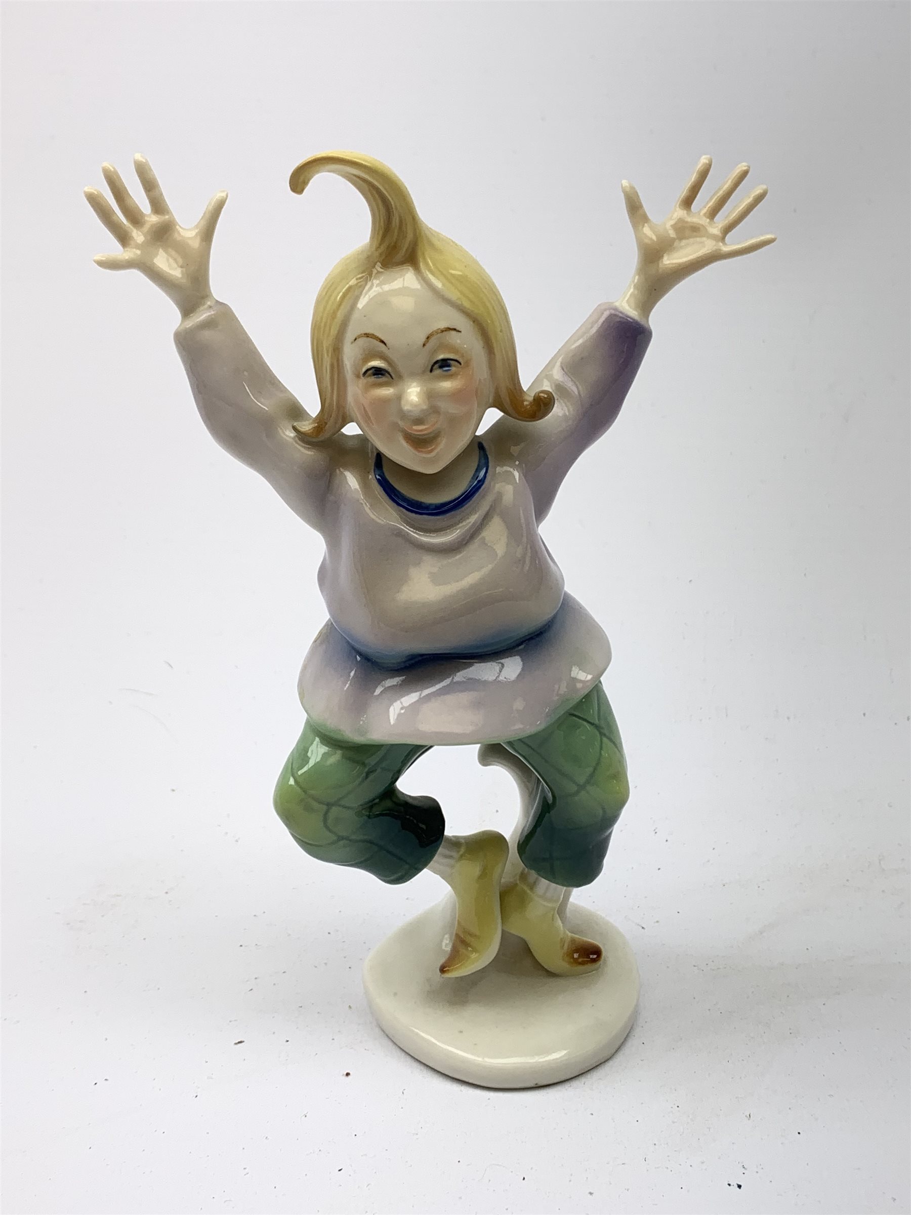 Three 20th century Karl Ens figurines, the first modelled as Uncle Fritz, the second modelled as Bock the Tailor, the third modelled as a sprightly female figure, each with printed blue mark to base, largest H20cm. 