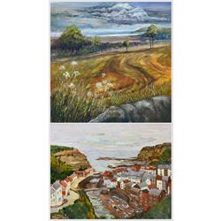 A E Hall (British Contemporary): 'Fylingthorpe - Yorkshire', acrylic on canvas signed, titled verso 50cm x 50cm; together with and a painting of Staithes (2) (one unframed)
