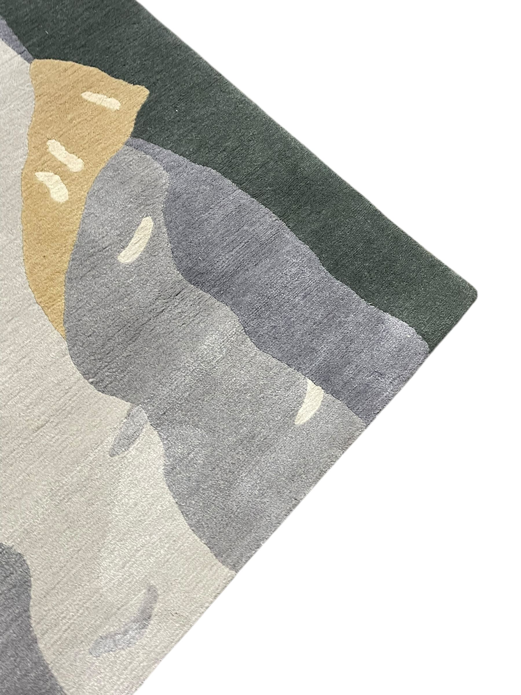 Deirdre Dyson London - 'Birch Tree' abstract rug, shades of grey and green depicting a birch trunk 