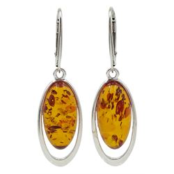 Pair of silver oval amber pendant earrings, stamped 925 