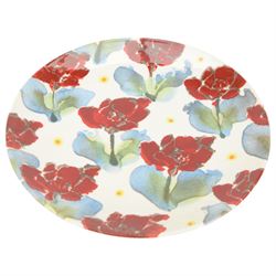 Three Poole pottery chargers, in Wild Poppy pattern, Delphis pattern and Aegean pattern, together with a Poole pottery dish and plate  