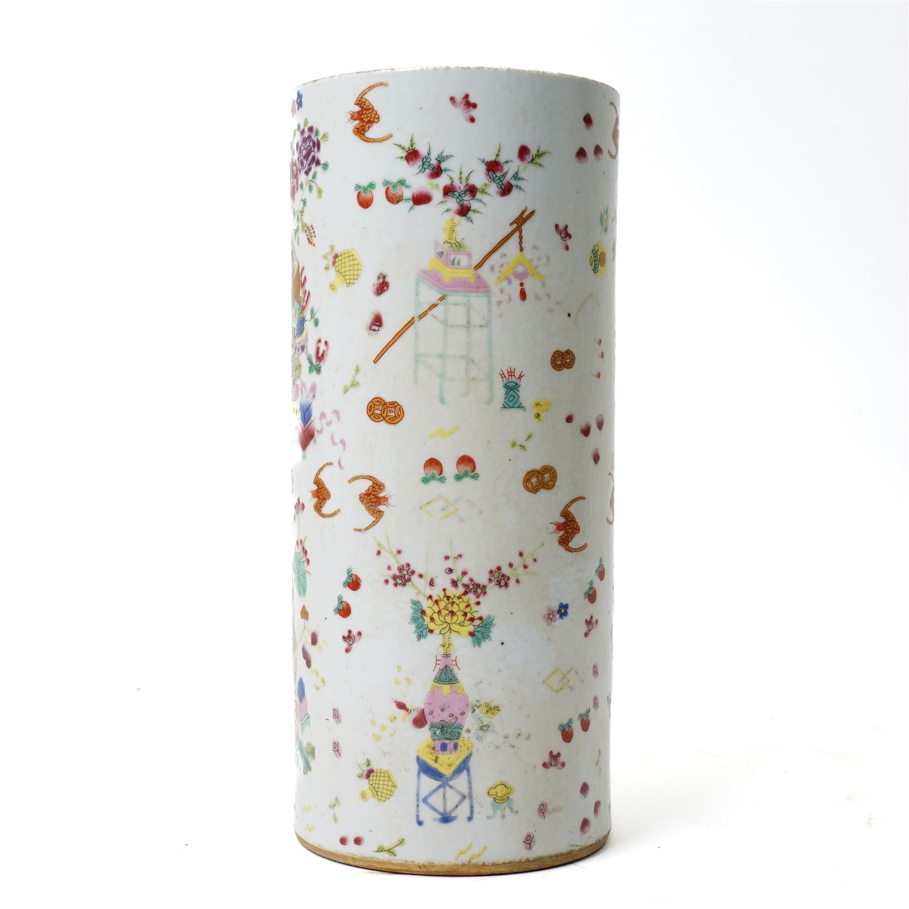 Chinese famille rose vase, of cylindrical form, decorated in enamel and gilt with precious objects, bats, flowers and fruit, six character iron red mark beneath, H28cm x D12cm 