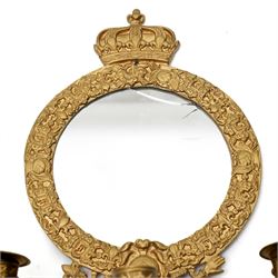 Pair of gilt metal three branch girandole, each surmounted by a coronet, H37cm (2)