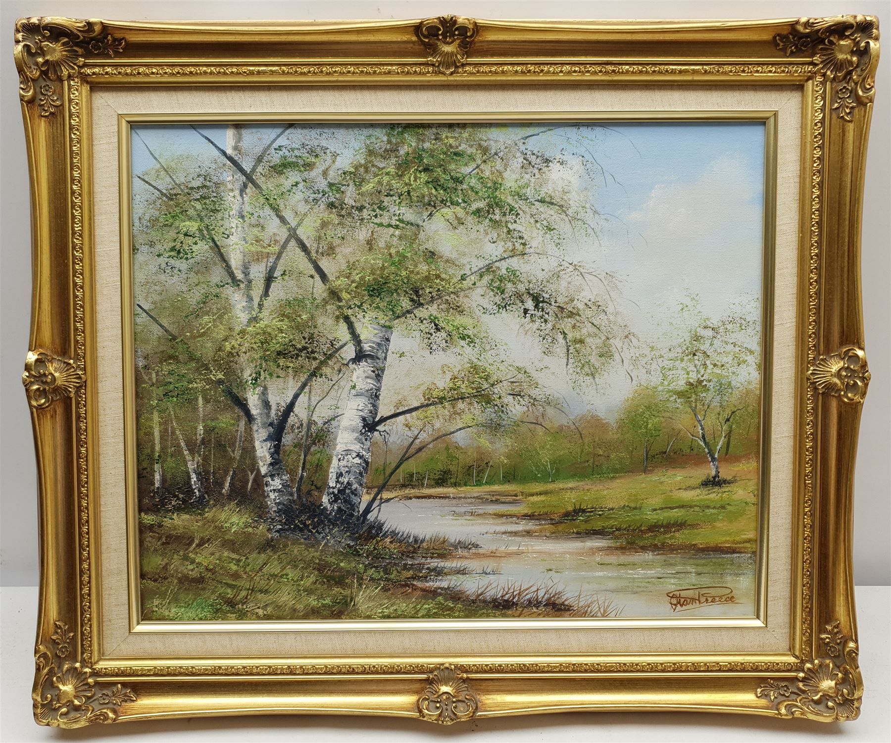 Alan Preece (British 20th century): River Landscape, oil on canvas signed 40cm x 50cm, together with two further continental oils 12cm x 17cm and 30cm x 40cm (3)