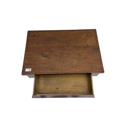 19th century mahogany work table, rectangular top over single drawer, shaped end supports joined by shaped stretcher