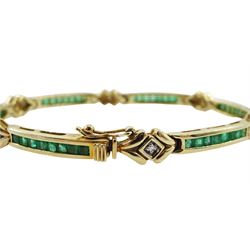 9ct gold square cut emerald and round brilliant cut diamond bracelet, hallmarked