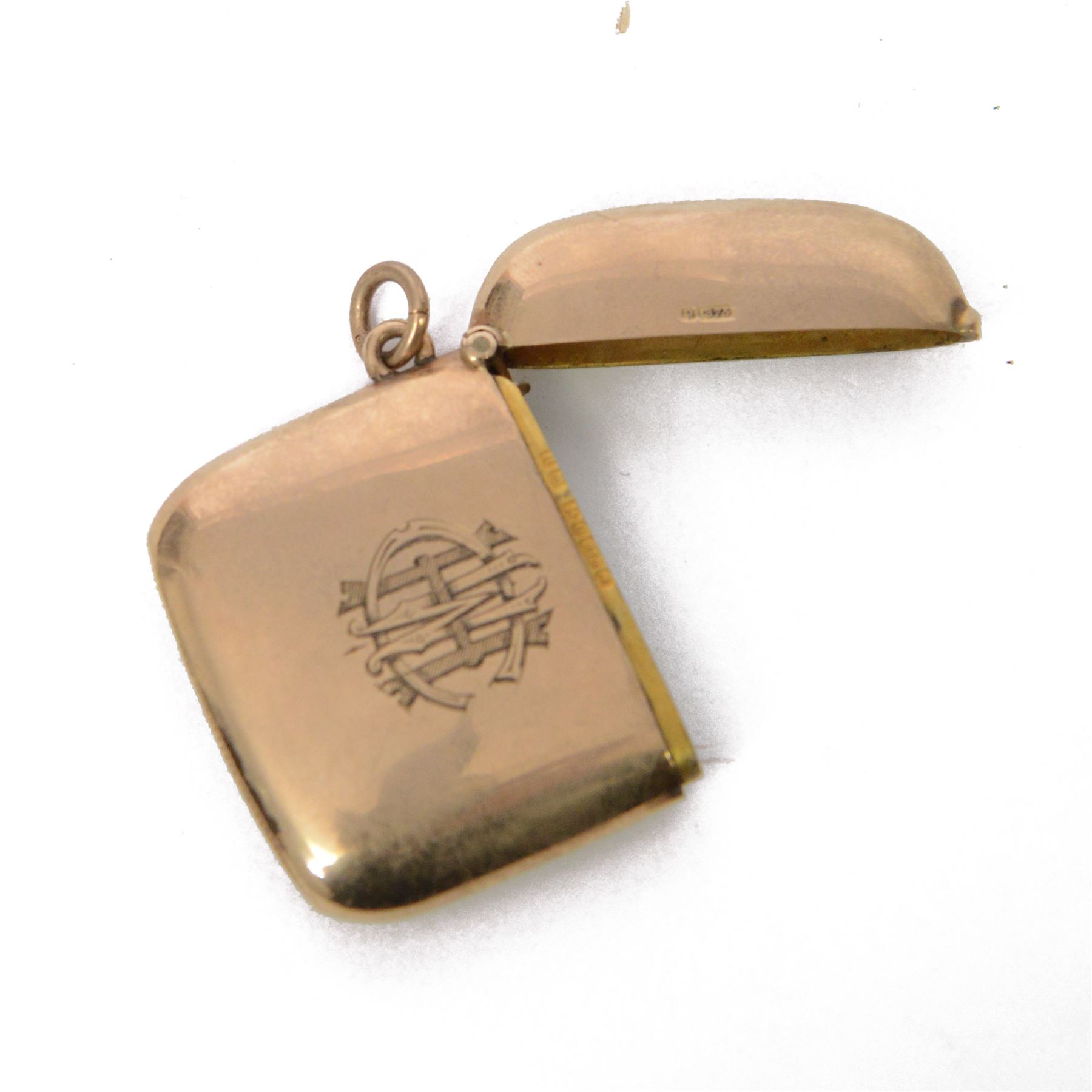 Edwardian 9ct gold vesta case, engraved with castle to one side and monogram to the other, hallmarked Chester 1906, H4.5cm