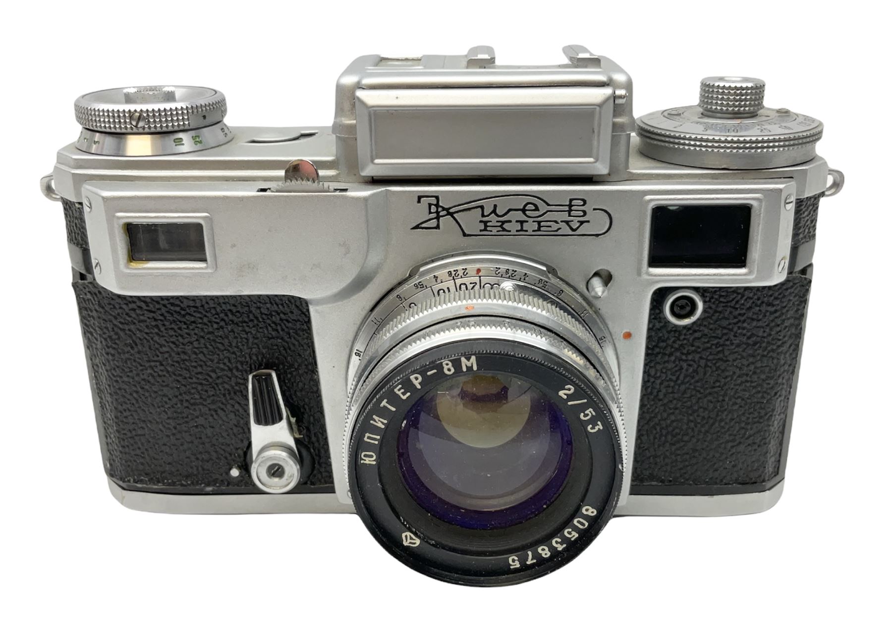 Kiev camera body, serial no. 8008715, with 'TEP-8m 2/53 8053875' lens 