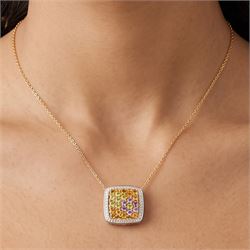 18ct gold multi gemstone set flower pendant necklace, white gold pendant pave set with citrine's, peridot's and amethyst's, surrounded by white sapphire's, on a yellow gold trace link chain necklace, both stamped