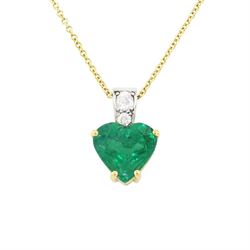 18ct and platinum emerald and diamond pendant necklace, the single heart cut emerald of 3....