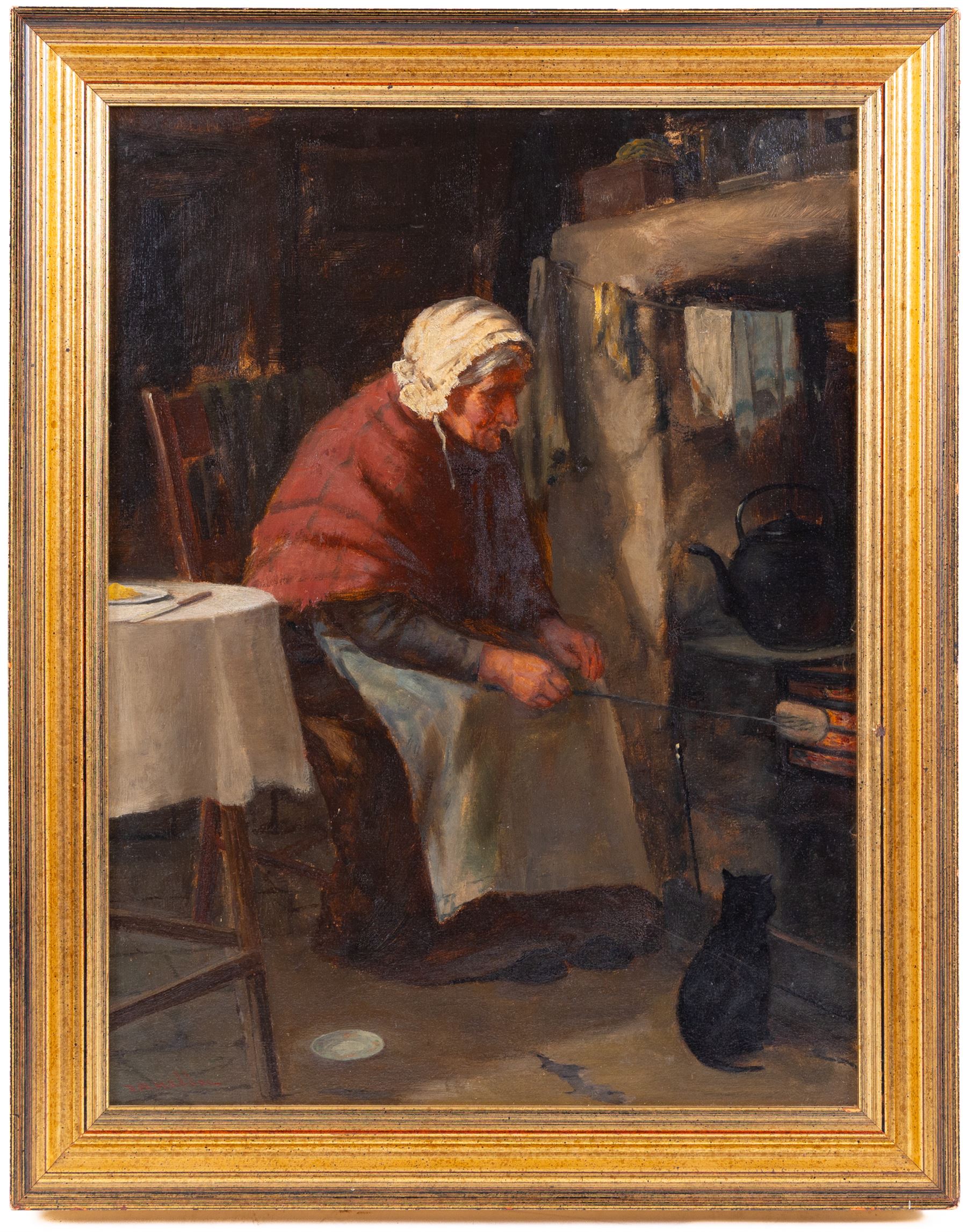 David W Haddon (British fl.1884-1914): Old Lady with Black Cat Toasting Bread on the Kitchen Range, oil on board signed 40cm x 30cm 
Provenance: David Duggleby Ltd 26th November 2021 Lot 182