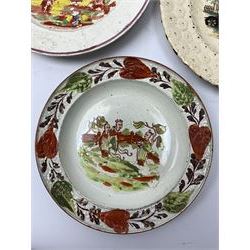 Three 18th/19th century nursery plates, comprising example decorated with central printed chinoiserie scene of pagoda, fence and two figures with bird, within a moulded swag and patera border, D18cm, a William Smith & Co example decorated in the Napoleon pattern with moulded floral border, with printed mark detailed Napoleon WS&Co and faint impressed mark WS&Co's Wedgewood beneath, D18cm, and a pearlware example decorated with chinoiserie figural scene within a moulded border, with overpainted decoration, collectors label beneath inscribed 'Early Wedgwood or Leeds 1750-60', D16cm

