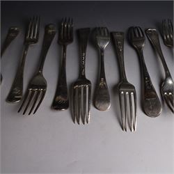 Seventeen Georgian and later silver Hanoverian pattern table and dessert forks, most with engraved initials to terminal and crests verso, including pair of table forks hallmarked William Sumner & Richard Crossley, London 1778
