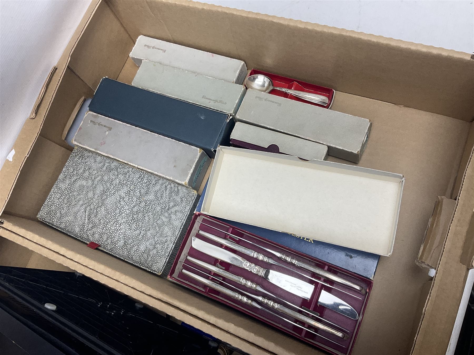 Quantity of silver plated and other metal ware to include Community cutlery and brass, together with Polaroid tv etc in three boxes