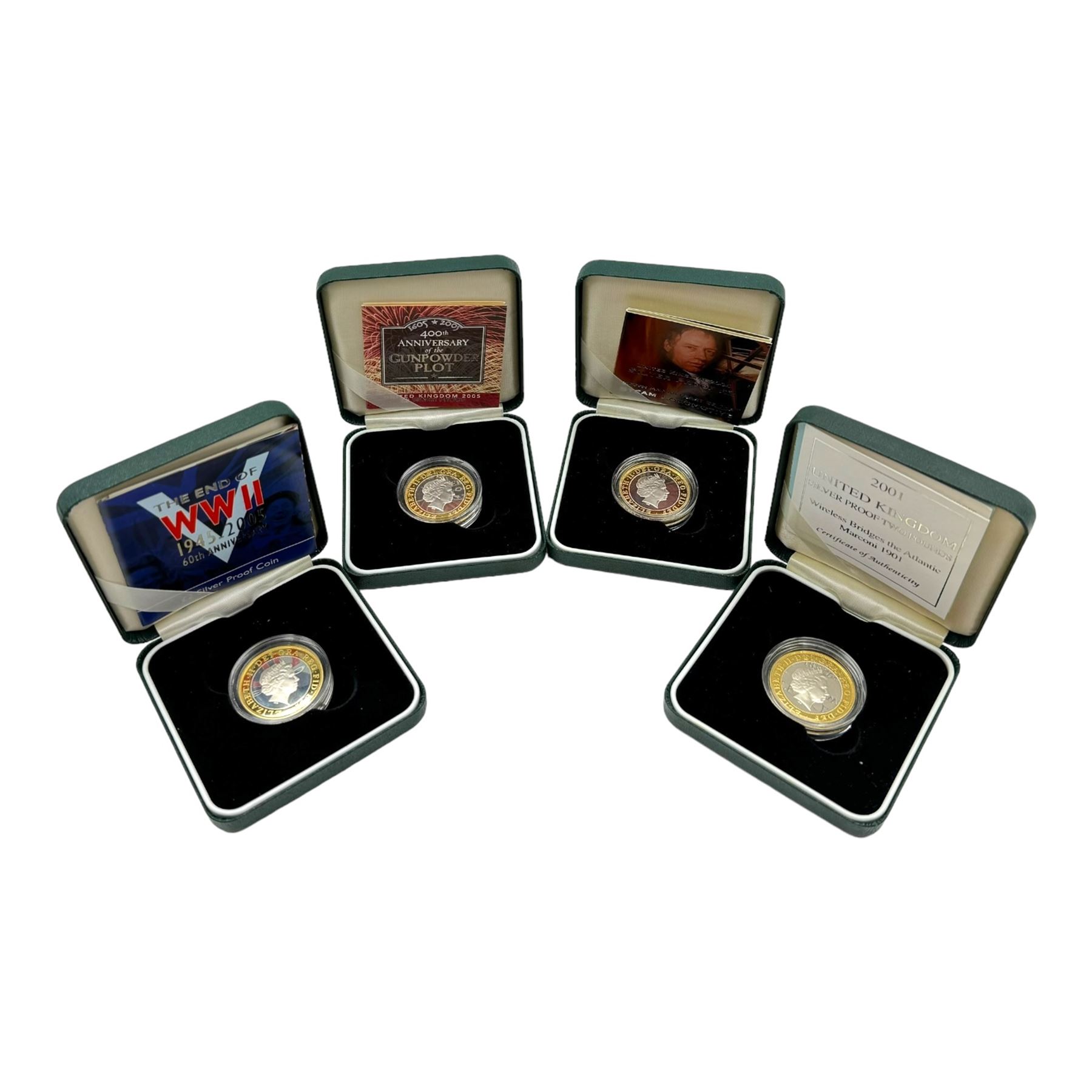Four The Royal Mint United Kingdom silver proof two pound coins, comprising 2001 'Wireless Bridges the Atlantic Marconi 1901', 2004 '200th Anniversary of the Steam Locomotive', 2005 '400th Anniversary of the Gunpowder Plot' and 2005 'The End of WWII 60th Anniversary, all cased with certificates