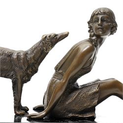 After Démete Chiparus (Romanian 1886-1947): A Girl and Her Borzoi Hound, art deco bronze, on black marble plinth, including base W29cm 