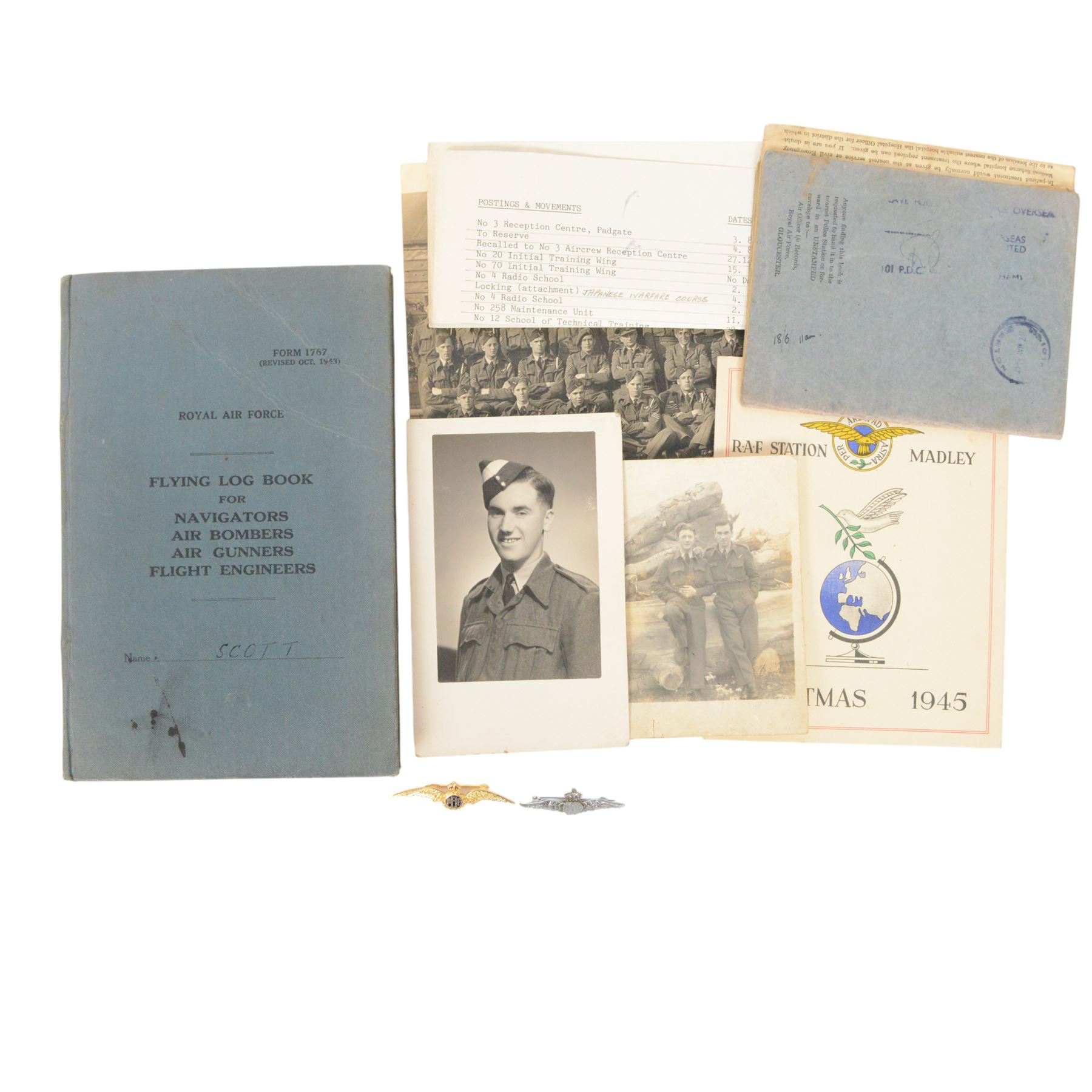 WWII Royal Air Force battle dress blouse, belonging to Flight Sargent Colin Scott 3011422, dated 1945, tailors label for M & N Horne Ltd 1945, Size No 7, blue cloth, Signaller cloth brevet, wireless officers patch to right sleeve and braid sergeant stripes to both sleeves, together with his flight log book, postings & Movements, Royal Air Force Service and Release Book, photographs etc  