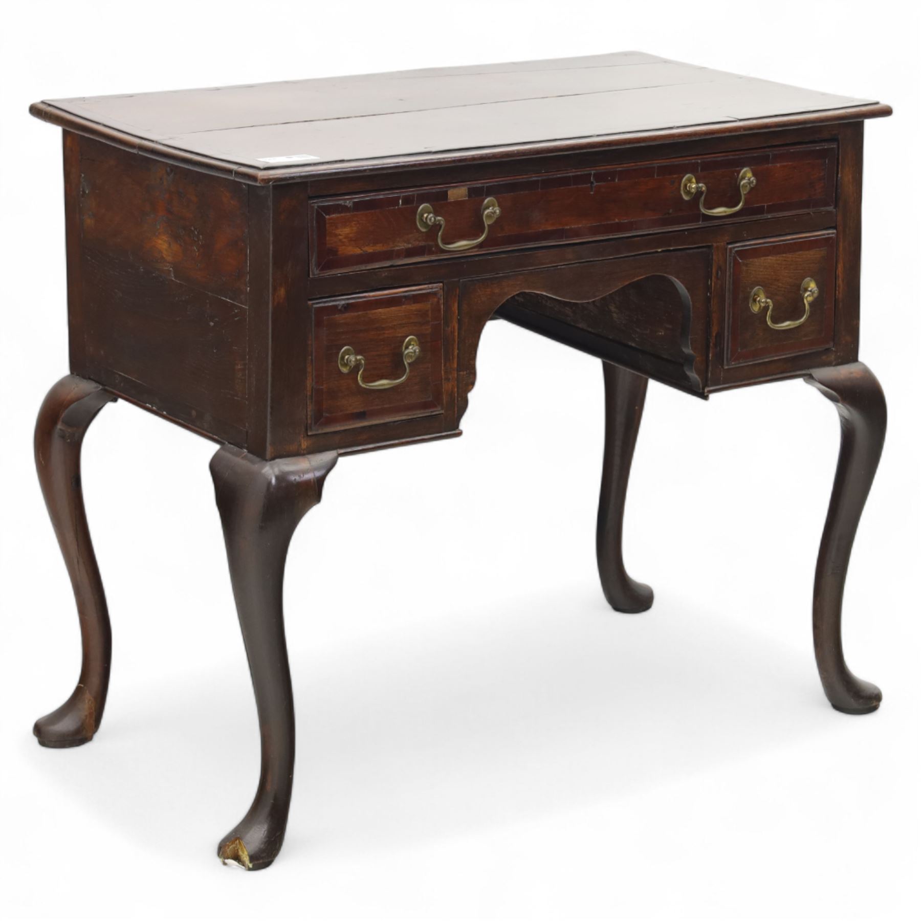 18th century oak and mahogany banded lowboy, rectangular moulded top with crossbanded edge, fitted with one long and two short drawers with brass swan neck handles, shaped kneehole apron, raised on cabriole supports with pad feet