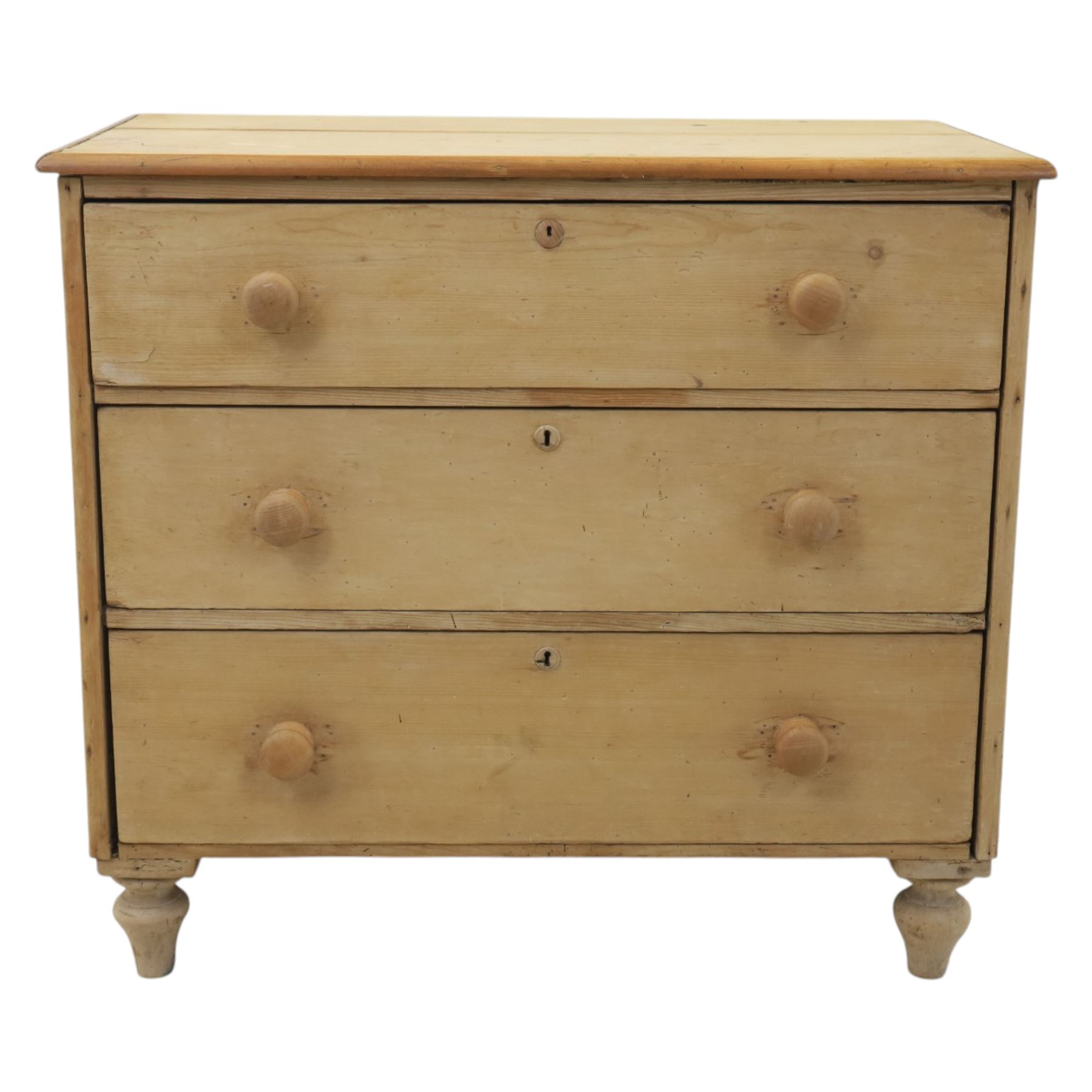 Victorian stripped pine chest, fitted with three drawers, turned wooden handles, raised on turned legs