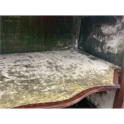 Victorian hardwood and inlaid display cabinet, central breakfront glazed display with astragal glazing and mirror back, flanked by mirrored alcoves with turned supports, below foliate and scrolling marquetry panels enclosing cupboard doors, shaped open shelves with turned supports beneath, on tapered and spade feet