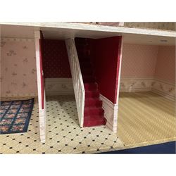 Modern scratch-built Palladian style wooden dolls  house as a 19th century double fronted two-storey property with simulated brick and stone walls under a removable simulated slate hipped roof; the triple hinged front elevation opening to reveal six rooms with central hall, stairs and landing L94cm H56cm D40cm