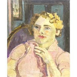  Lucy Harwood (British 1893-1972): Half length Portrait of a Lady, oil on canvas, signed verso and bearing a label for the Colchester Art Society, 60cm x 51cm (unframed)  DDS - Artist's resale rights may apply to this lot  