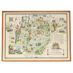 Estra Clark (British 1904-1993): 'Historic Canterbury', pictorial colour map of the City of Canterbury with important events and places described pub. Ben Johnson & Co, York 1952, signed and dated '73 in pen 36cm x 50cm