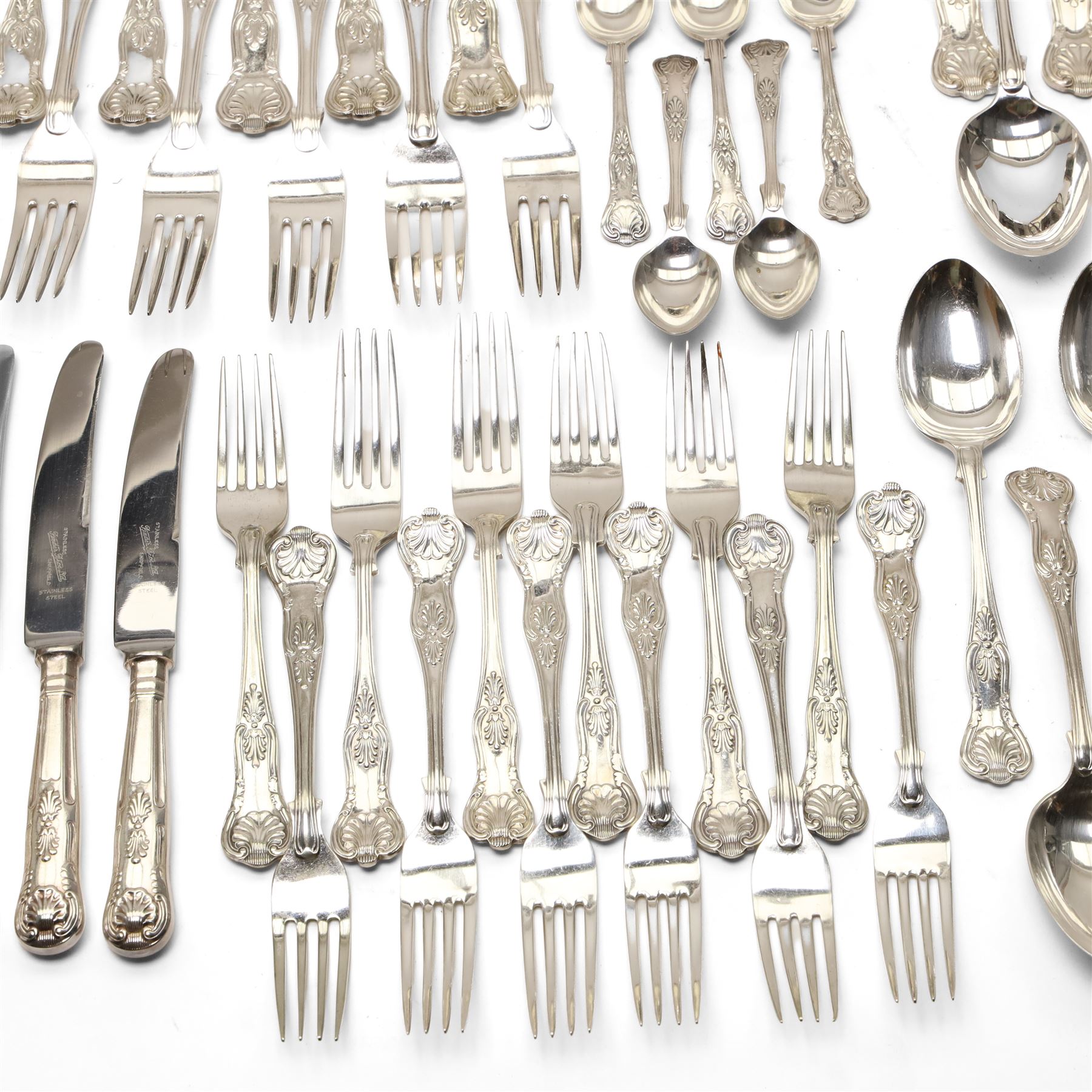 Quantity of Kings pattern plated cutlery, Walker & Hall plated three piece tea set, three silver handles knives etc