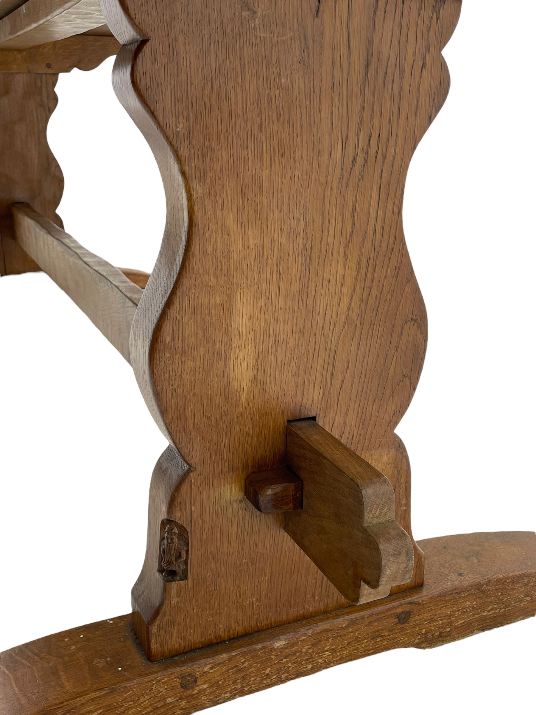 Gnomeman - large oak refectory dining table, rectangular adzed top on shaped end supports with sledge feet, united by pegged stretcher, carved with gnome signature, by Thomas Whittaker, Little Beck
