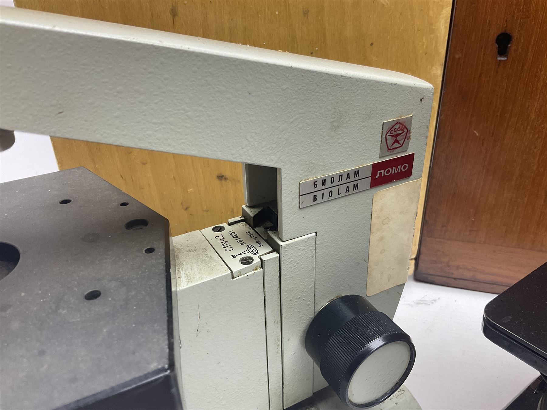 Four microscopes, comprising Nomo Biolam, RCS Zoo Lab 240, R Beck no 13756 and one other