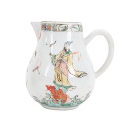 Chinese Chien Lung period saucers, cafe au lait tea bowl and a jug decoated with immortals, jug H11cm 