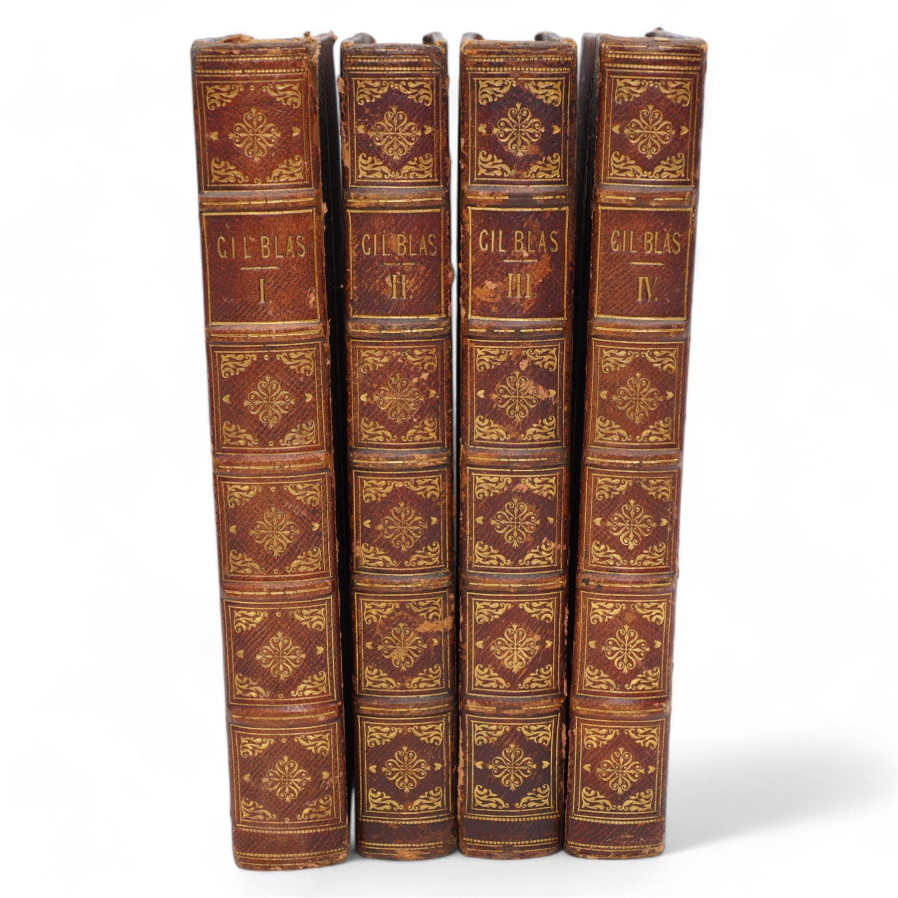Le Sage translated by Thomas Smollett - 'The Adventures of Gil Blas' illustrated by Jean Gigoux, published J J Dubochet in two volumes 1836, half calf (2), Lesage - 'Histoire de Gil Blas de Santillane' published in French by Longman in four volumes 1809 half leather (4)
