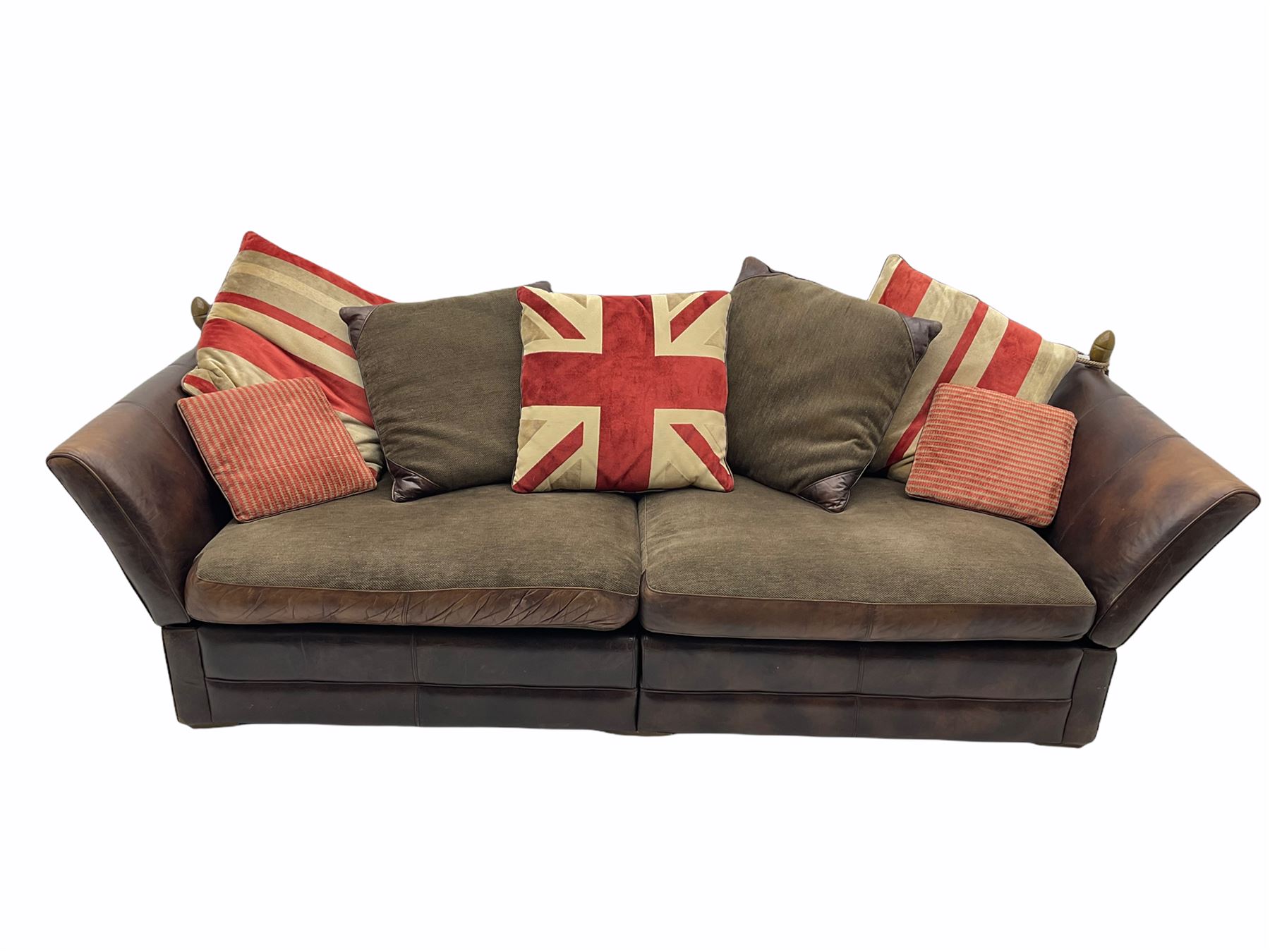 Knowle style grand drop arm sofa, upholstered in antique tan leather and fabric with contrasting scatter cushions