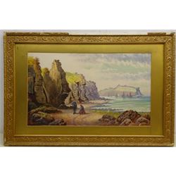 Henry Hellewell (British 19th century): Figures on Beach Cornelian Bay Looking Towards Scarborough, oil on board signed 33cm x 55cm