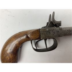 Mid 19th century double barrel percussion muff pistol, joined 7cm octagonal barrels with walnut stock19cm overall; a matching single barrel muff pistol 17cm overall (2)