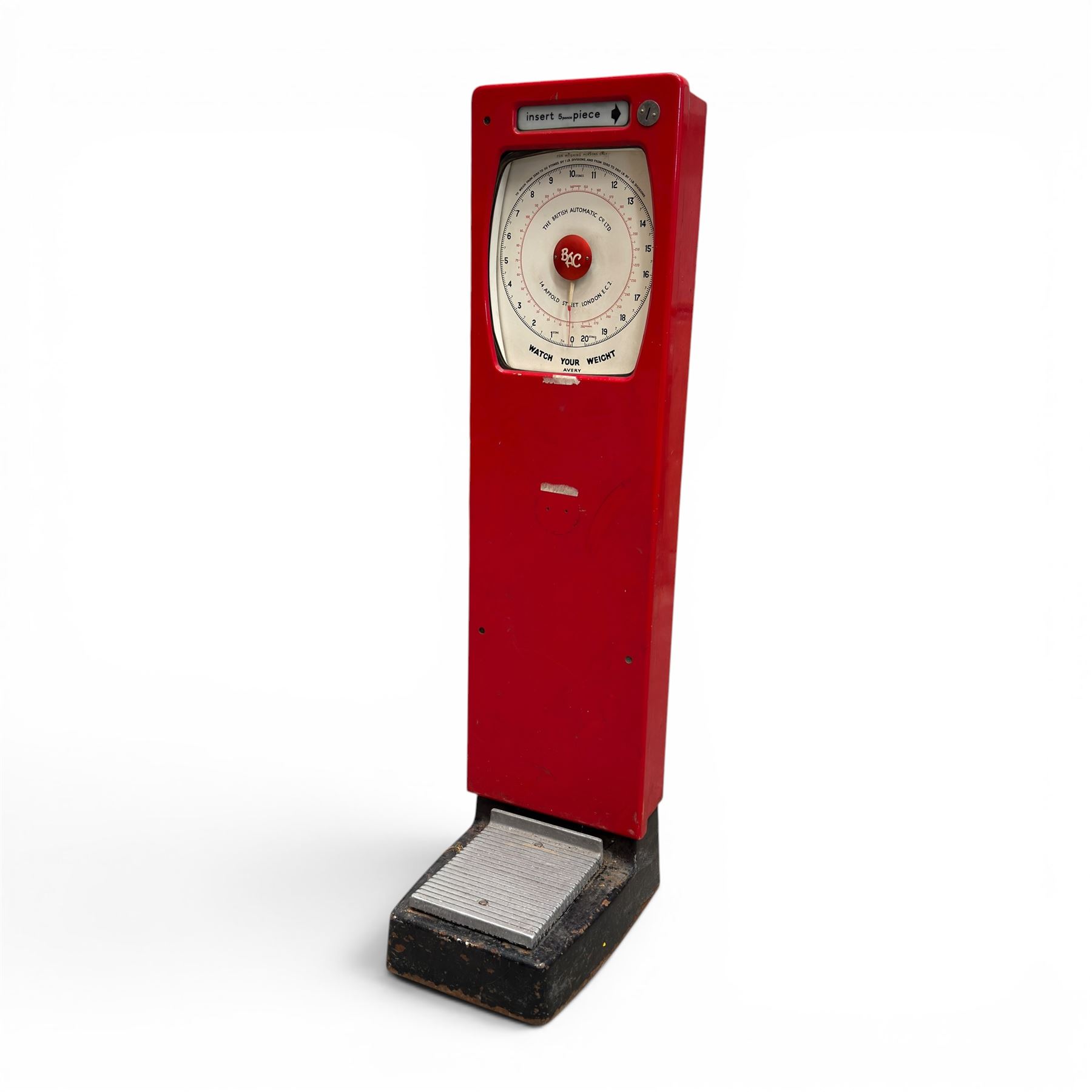 British Automatic Co. Ltd. - mid-20th century coin operated automatic weighing scales, in red finish