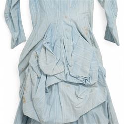 Victorian ladies button-down bodice and skirt, in blue and white striped fabric with pleated detailing, the skirt with gathered bustle back