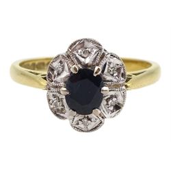 18ct gold oval sapphire and diamond cluster ring, Birmingham 1967, sapphire approx 0.40 carat 
