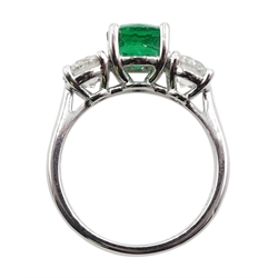 18ct white gold three stone round emerald and round brilliant cut diamond ring, stamped 750, emerald approx 1.40 carat, total diamond weight approx 1.30 carat