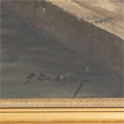 Continental School (20th Century): Harbour Scene, oil on canvas board indistinctly signed 58cm x 78cm; E Atkins (19th Century): Pastoral Scene, oil on canvas indistinctly signed and dated 1879, in gilt frame, 30cm x 60cm (2)