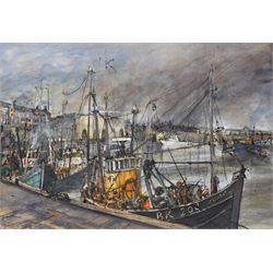 Richard Hobson (Newcastle 1945-2004): Trawlers at Berwick on Tweed, watercolour and ink signed and dated '85, 53cm x 76cm
