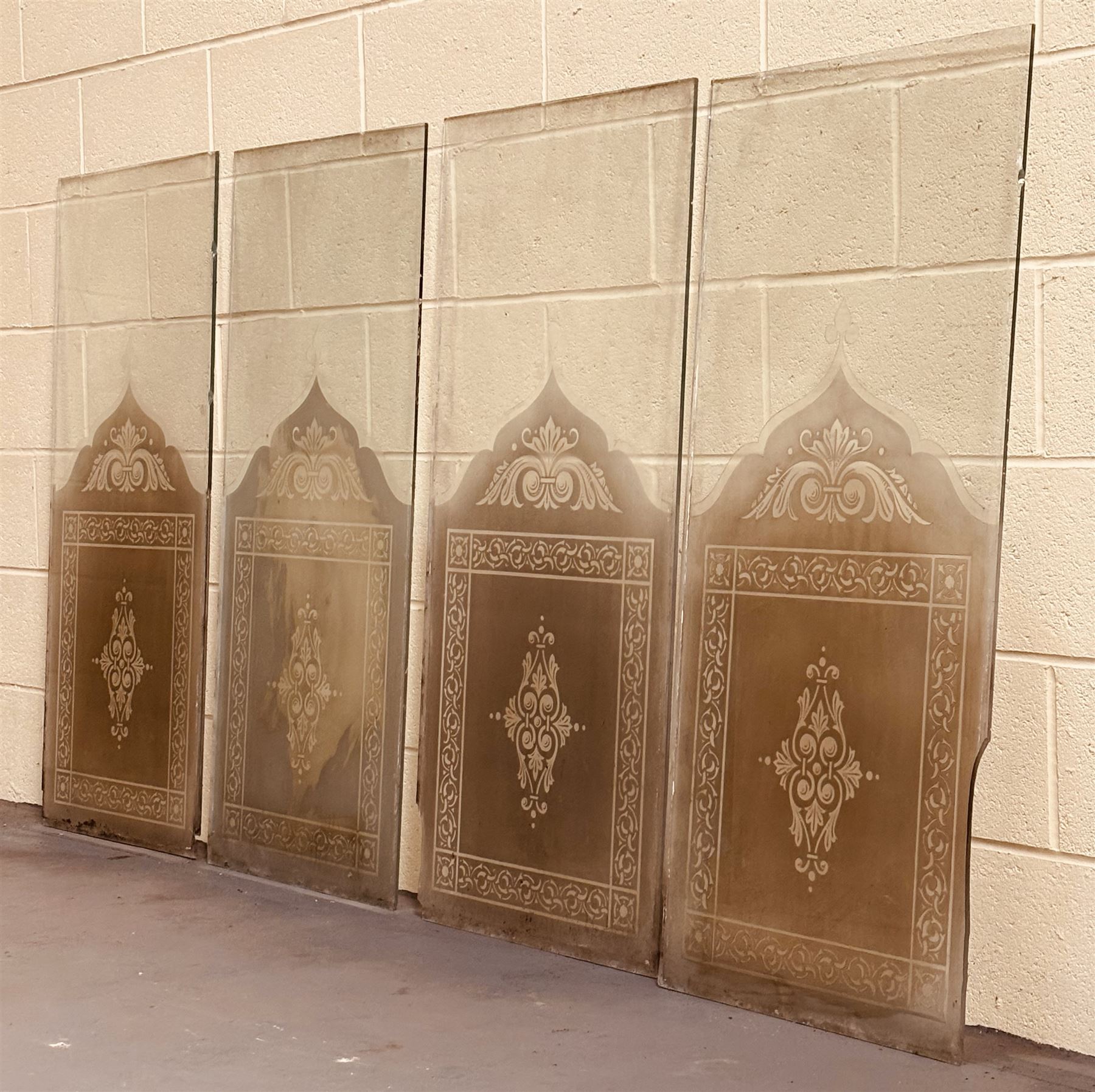 Set of four early 20th century etched glass window panels, ex Duke of Wellington Hotel, York. H117.5cm x 55cm.  - COLLECTION BY APPOINTMENT FROM: The White House, Thirsk Road, Easingwold, York, YO61 3NF - CALL 01723 507111 TO ARRANGE