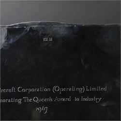 1960s silver mounted cigarette box, of rectangular form with engine turned decoration, upon four bracket feet, with presentation engraving to interior lid reading  'British Aircraft Corporation (Operating) Limited Commemorating the Queen's Award to Industry 1967, hallmarked James Geraghty, Birmingham 1965, with retailers mark for Asprey, W16.5cm, H4.5cm, in Garrard & Co Jewellers box