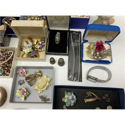 Collection of costume jewellery, to include beaded necklaces, brooches, earrings etc, together with a President Quartz mantel clock, trinket boxes etc
