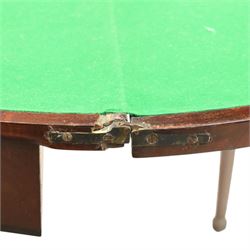 Edwardian mahogany inlaid demi-lune side table, inlaid top with shell motif, green baize interior, with gateleg, raised on square tapering supports terminating in spade feet