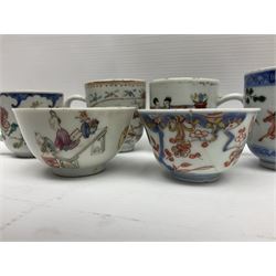 Two 18th century Chinese Yongzheng coffee cups, the first example decorated in polychrome enamel with rooster amidst blossoming peonies, the second decorated with deer and crane among rockwork and pine tree, together with two further 18th century Chinese coffee cups, an 18th century Chinese tea bowl, and a further tea bowl