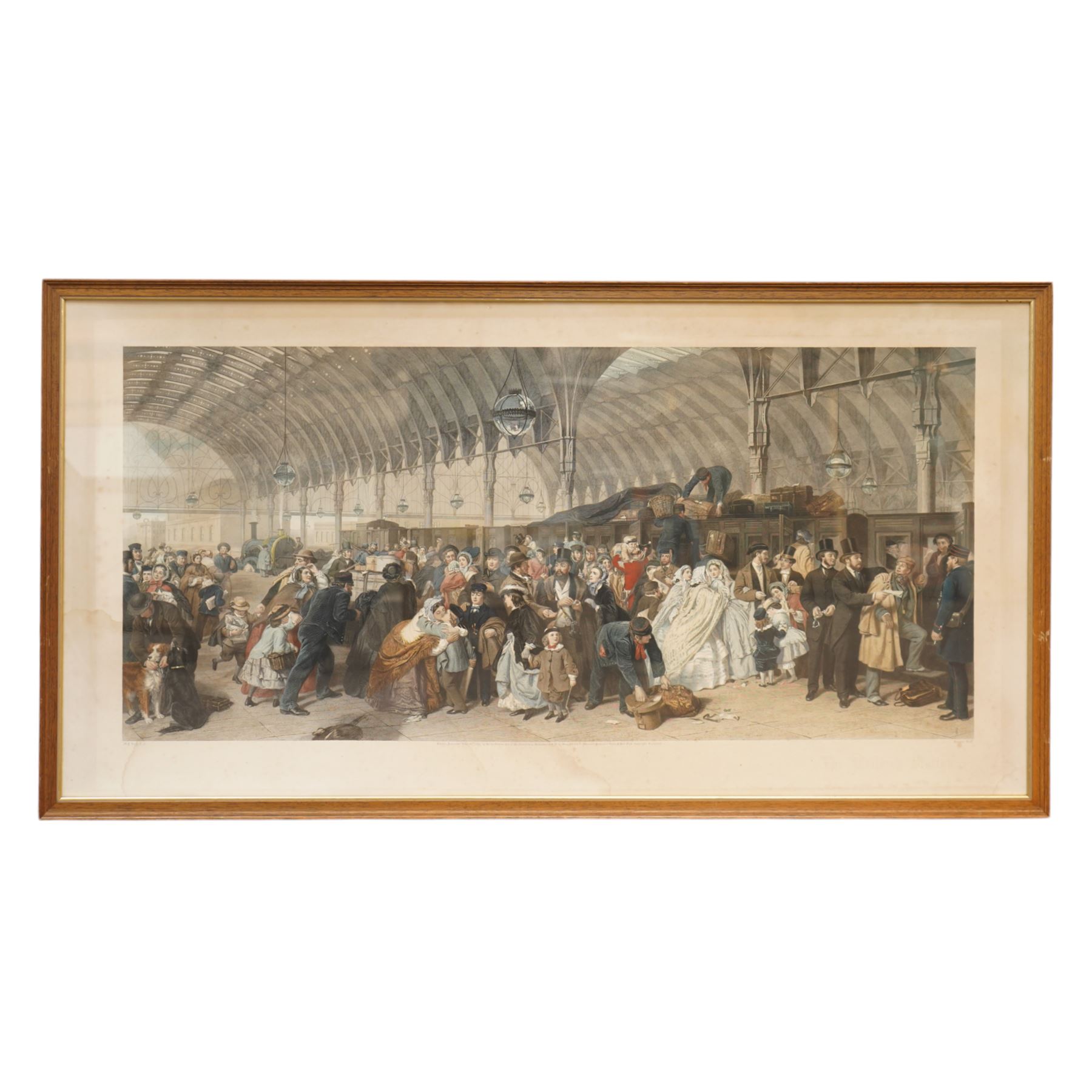 After William Powell Frith RA (British 1819-1909): 'The Railway Station', 19th century engraving with hand-colouring pub.1866, 52cm x 110cm