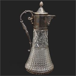 Six crystal decanters, four with silver labels and one with silver plated mount, and one etched glass dinner bell, tallest H30cm 